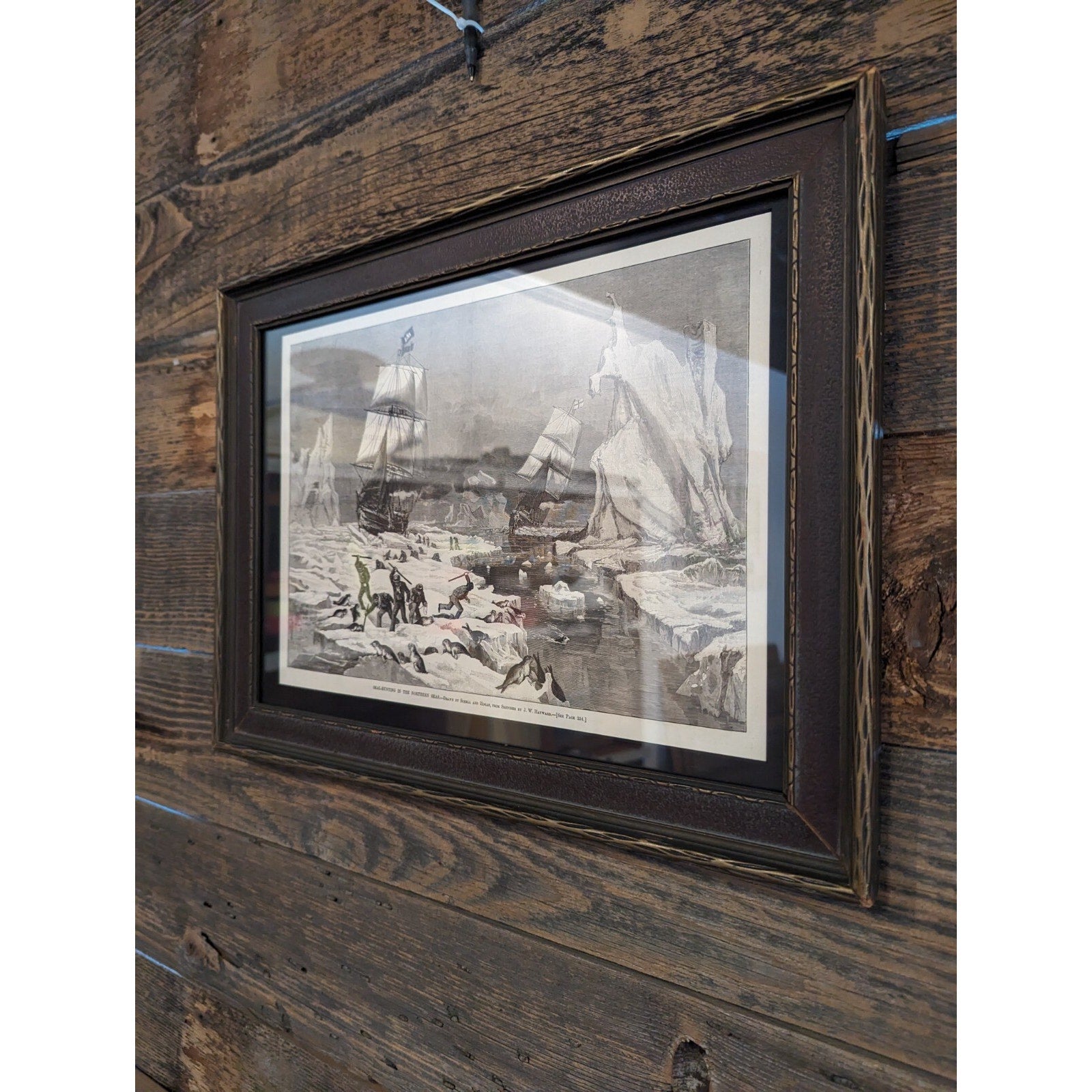 Framed 1881 Seal Hunt Print from Harpers Weekly Victorian Artwork Black & White