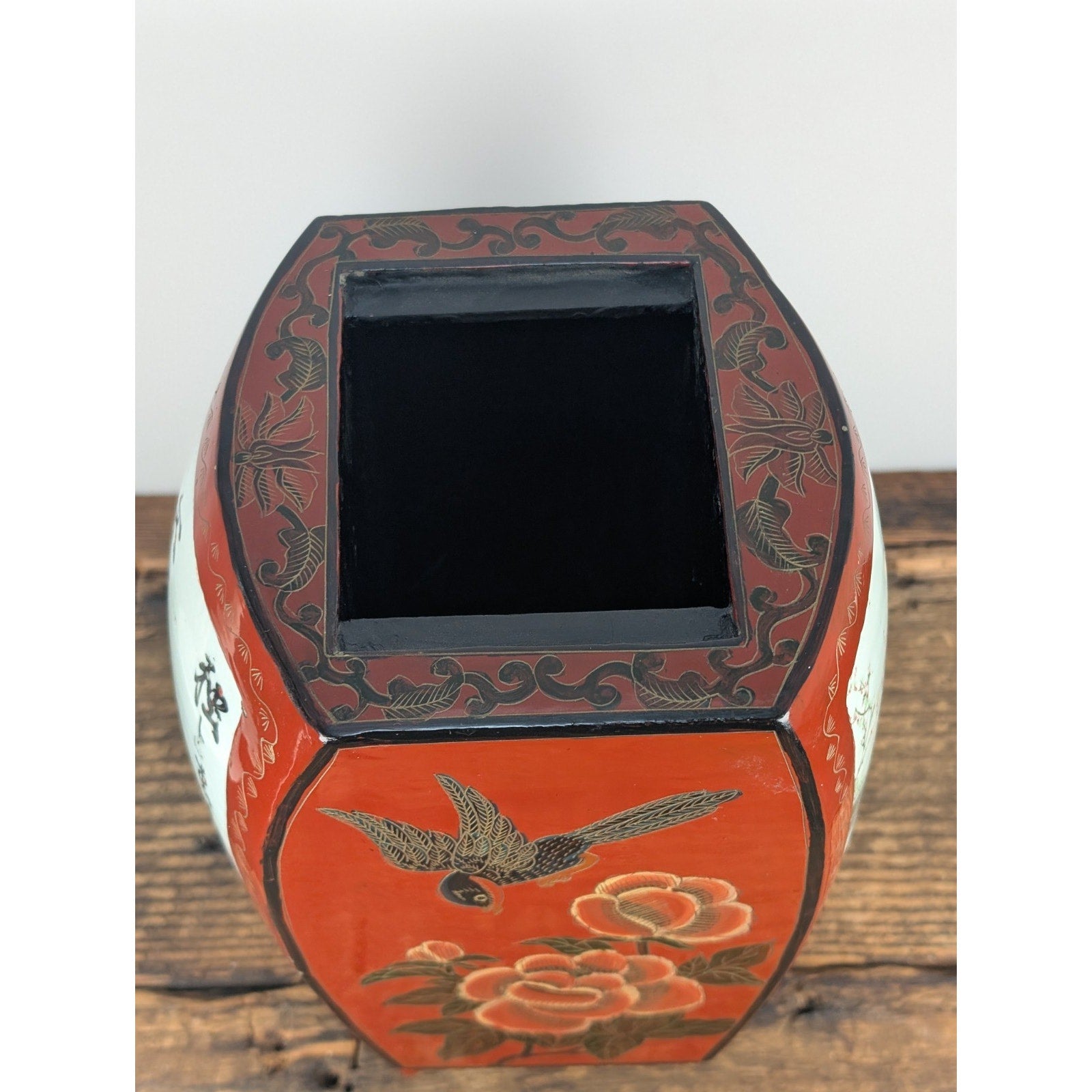 Chinese Porcelain Shard Red Lacquer Box Paper Mache