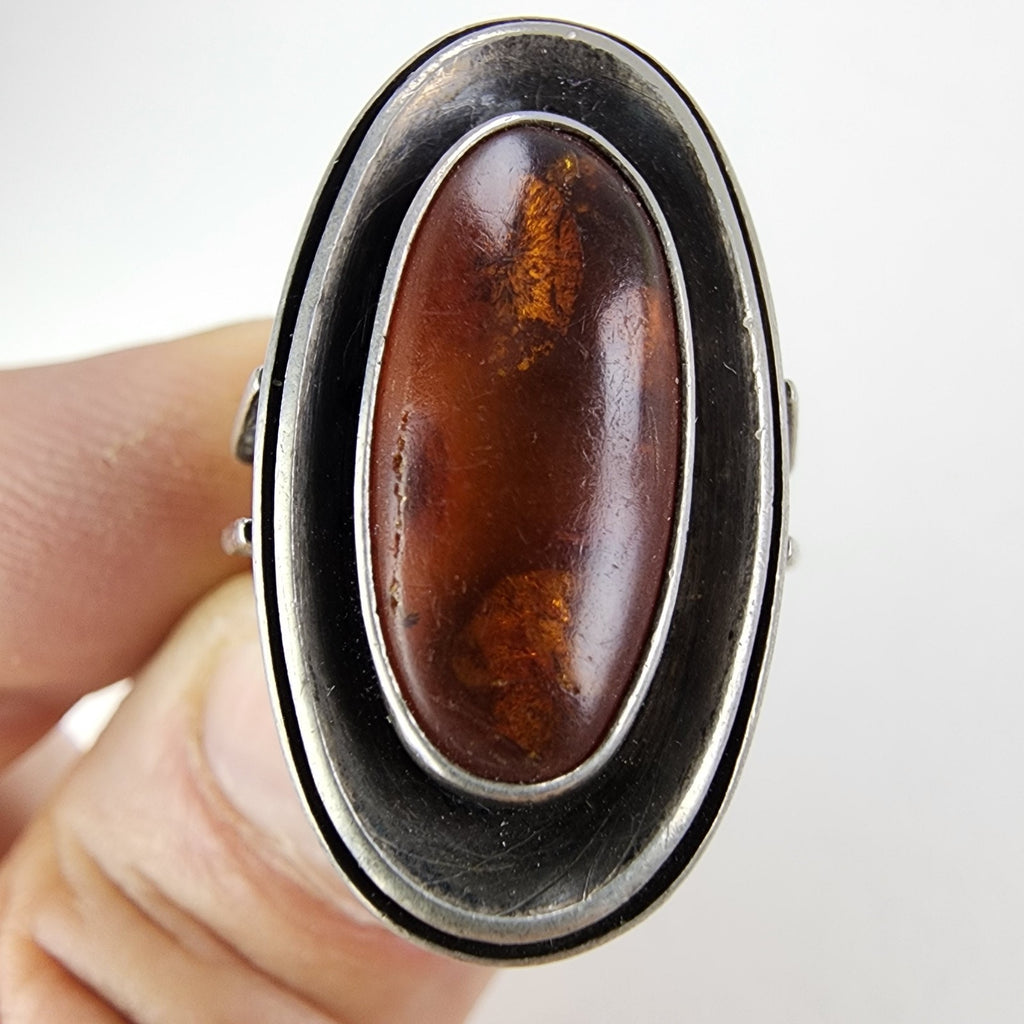 Baltic Amber Modernist Shadowbox Russian Ring Size 8 Sterling Silver 835 Vintage