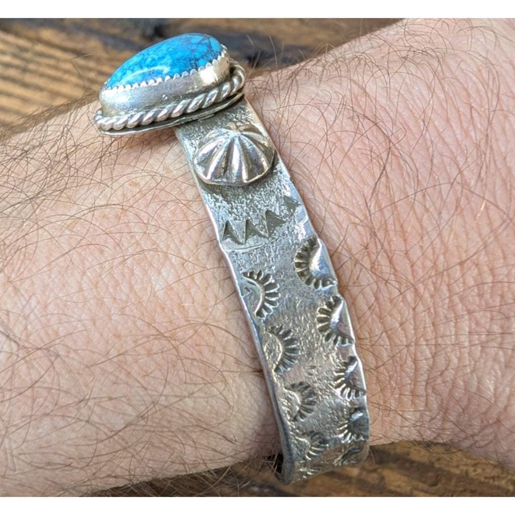 Ruben Castillo Turquoise Sterling Silver 925 Native Cuff Tufa Cast & Stamped