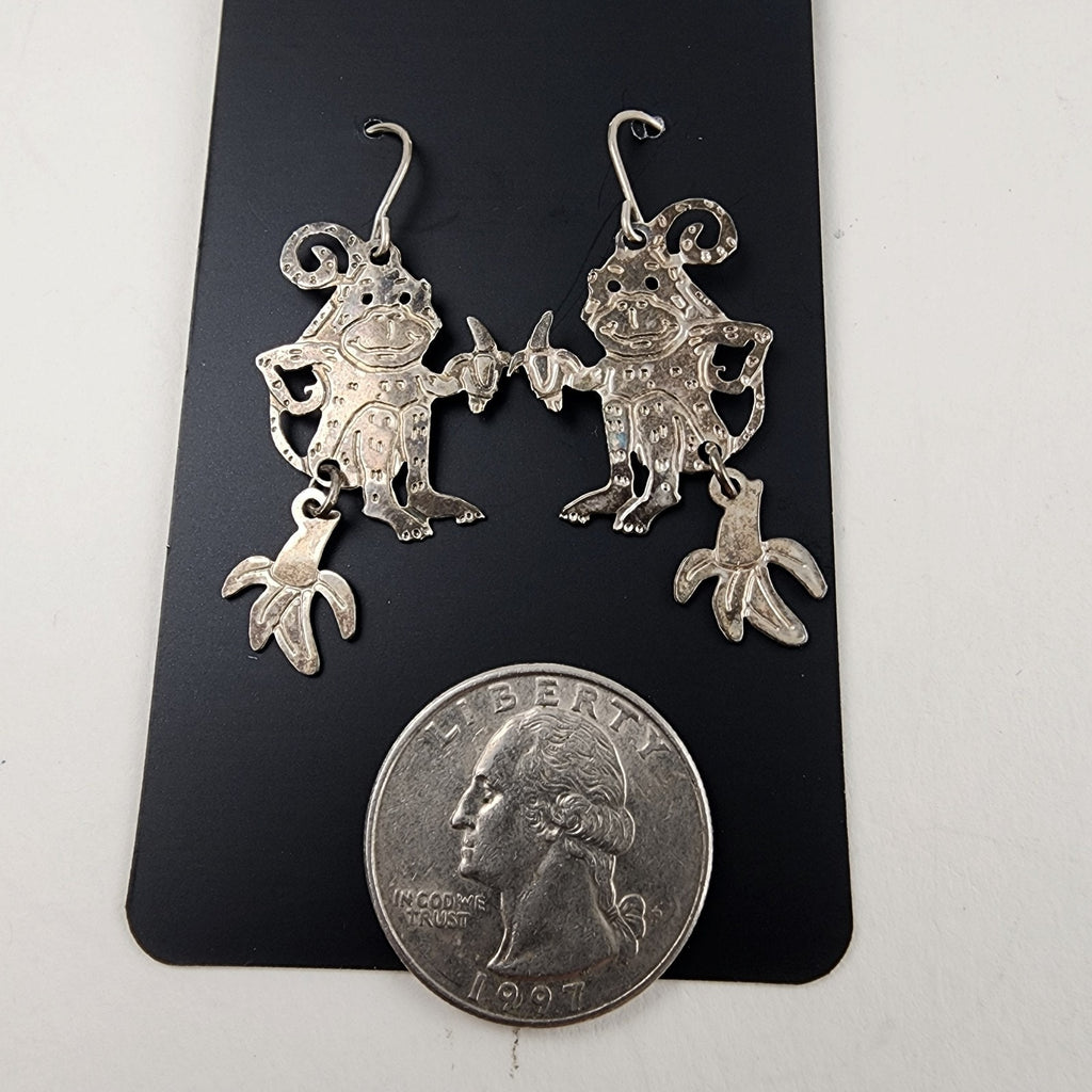 Designer Monkey with Banana Sterling Silver 925 Dangle Earrings