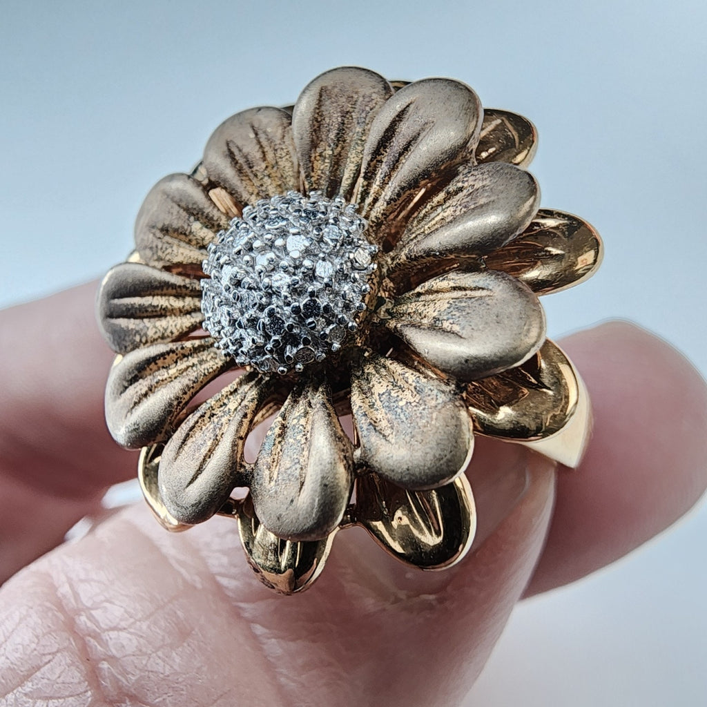 Sunflower Diamond Accent Gold Finish Ring Size 8 Sterling Silver 925 Vintage