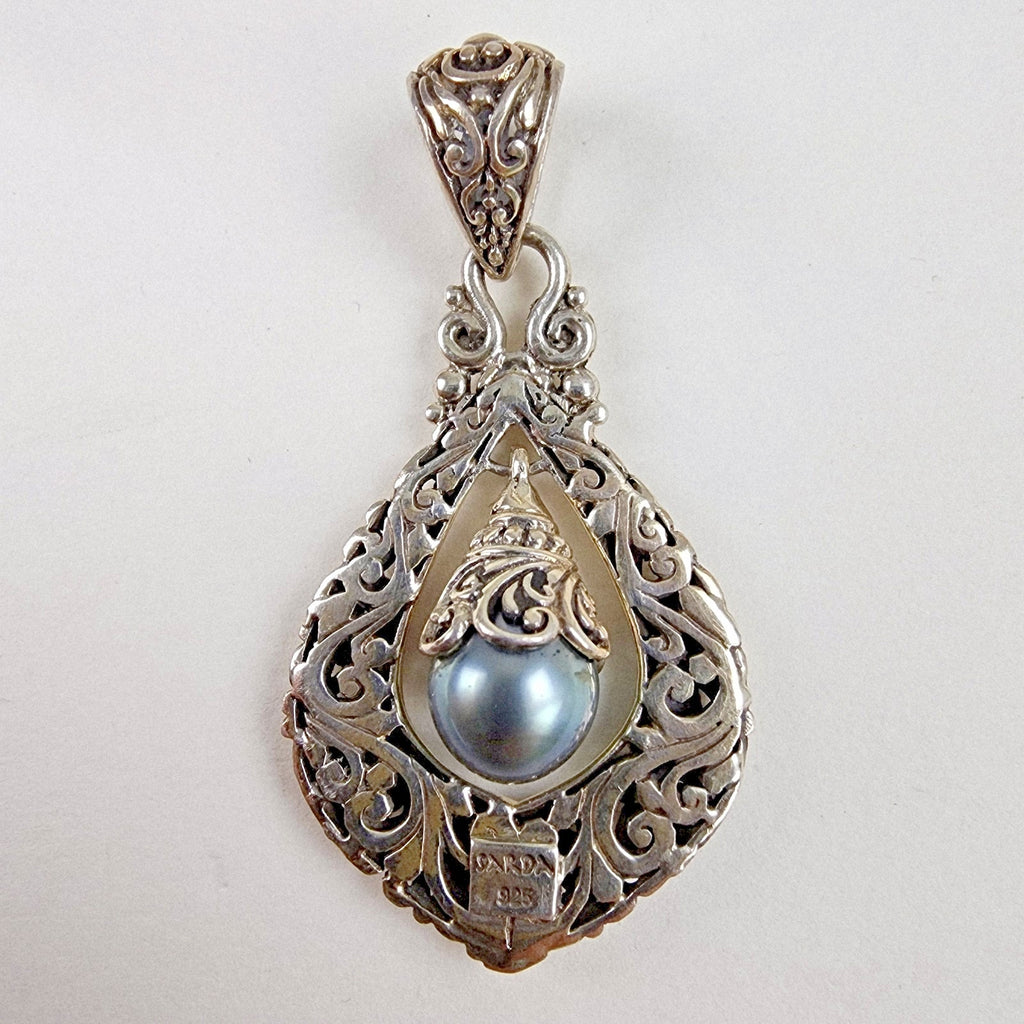 Sarda Black Pearl Dangle Designer Pendant Sterling Silver 925 Vintage Bali