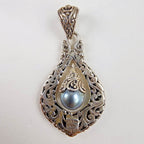 Sarda Black Pearl Dangle Designer Pendant Sterling Silver 925 Vintage Bali