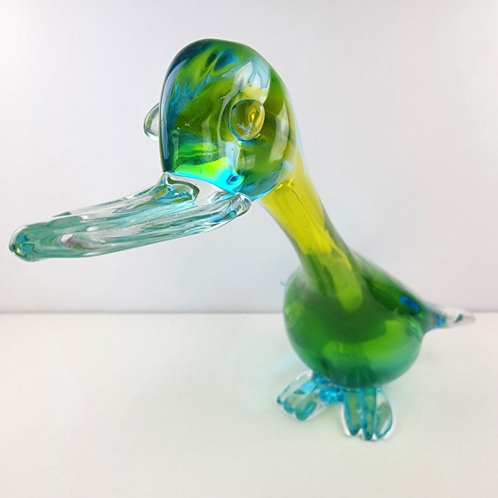 14" Murano Art Glass Duck Handmade Green Yellow Blue Bird Animal