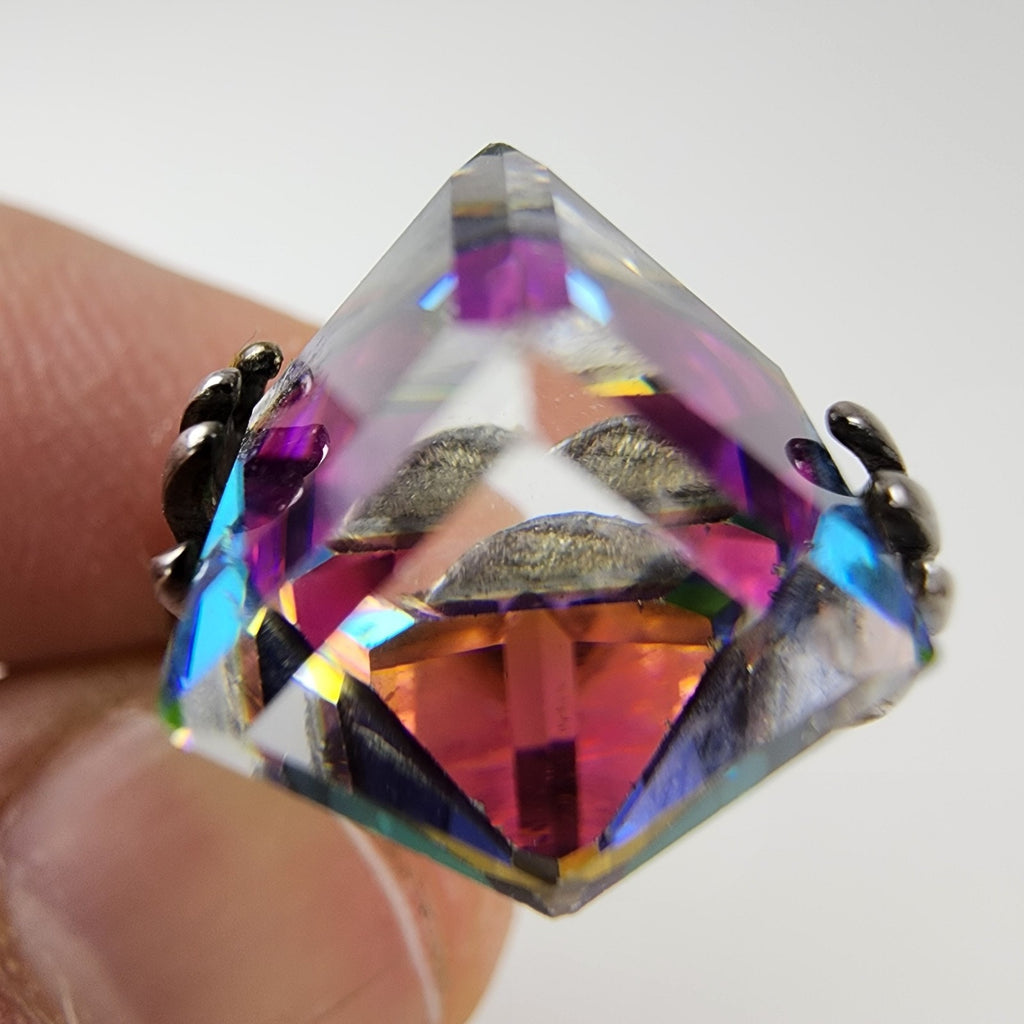 Hands w Iridescent Dichroic Cube Ring Size 7 1/2 Sterling Silver 925 Modernist
