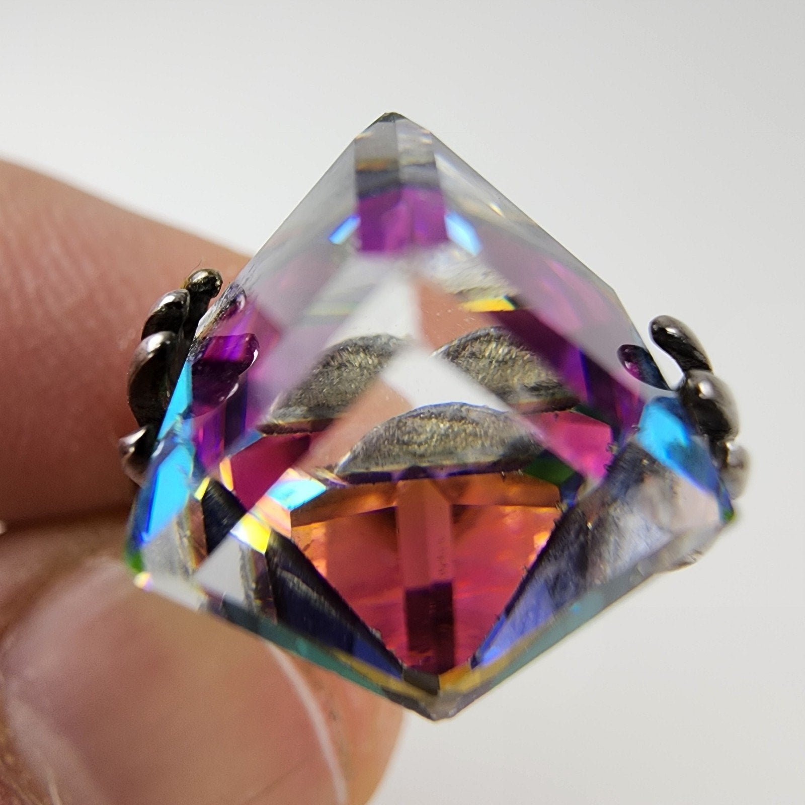 Hands w Iridescent Dichroic Cube Ring Size 7 1/2 Sterling Silver 925 Modernist