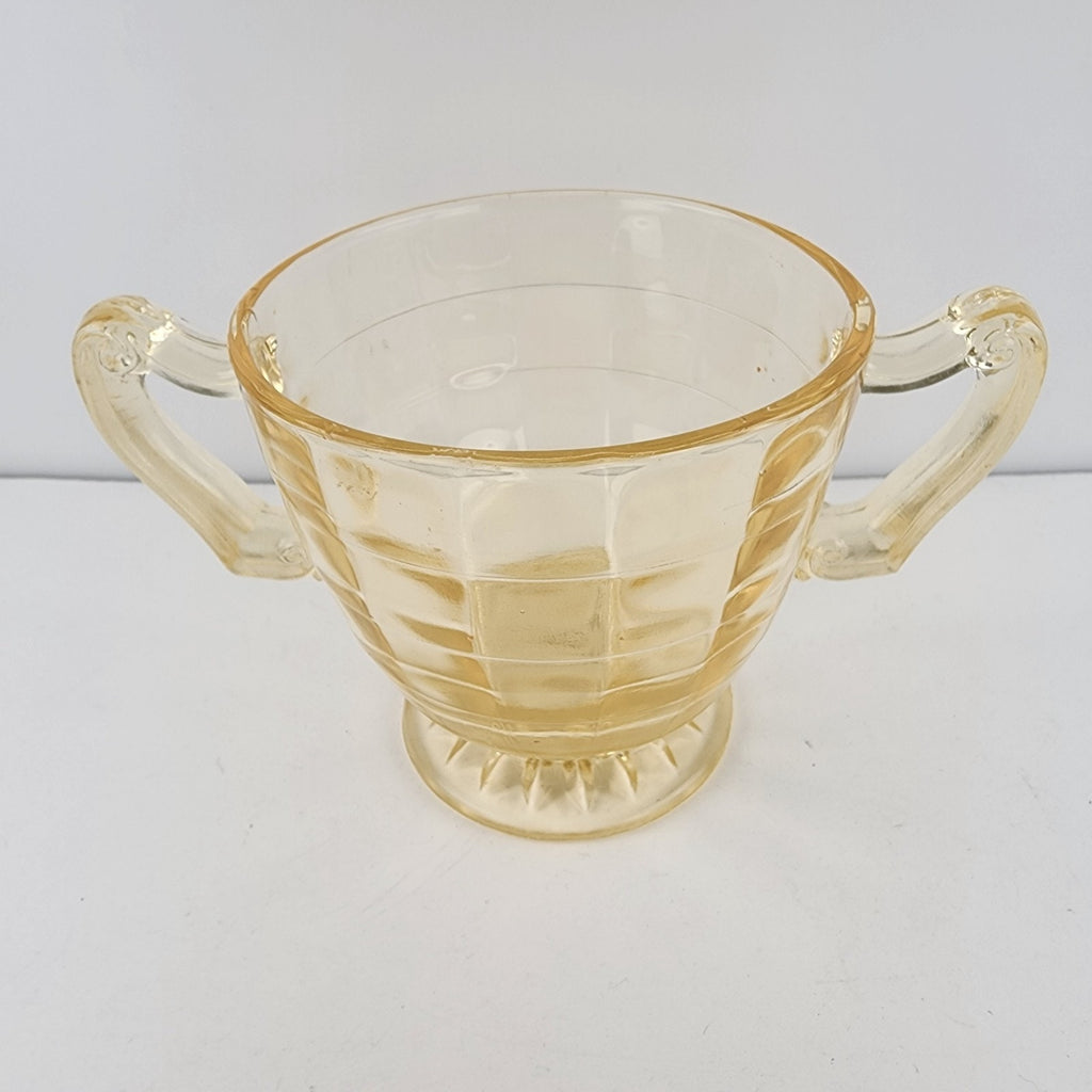 Anchor Hocking Block Optic Vaseline UV Glass Double Handled Cup Bowl Depression
