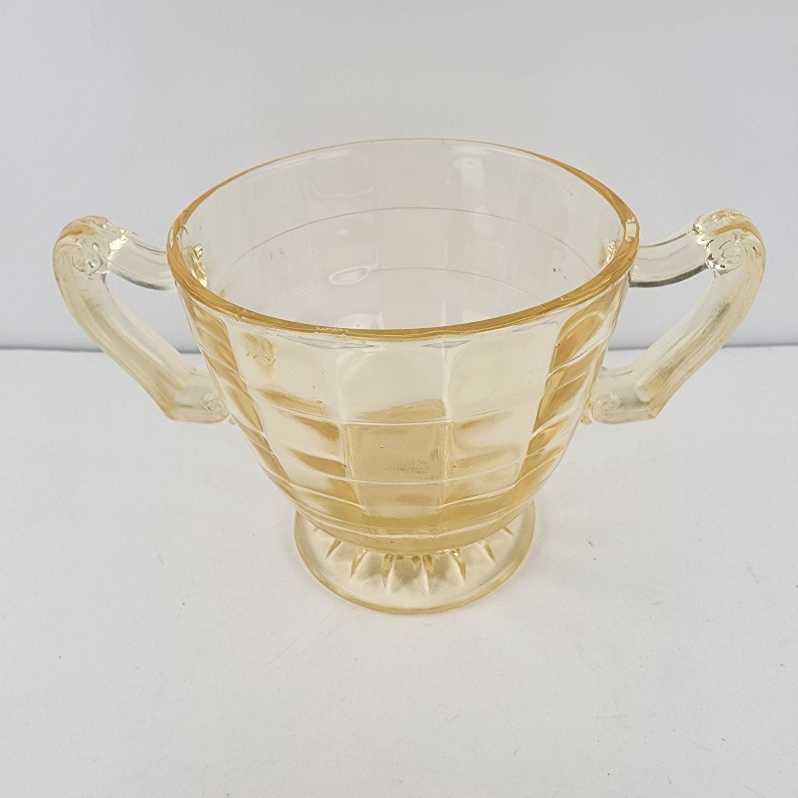 Anchor Hocking Block Optic Vaseline UV Glass Double Handled Cup Bowl Depression