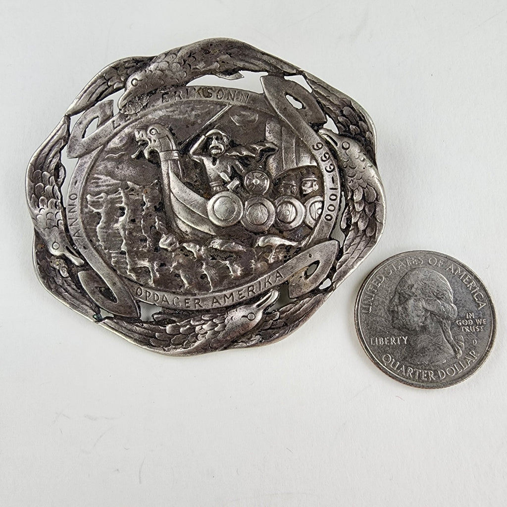 Antique Leif Erikson 830 Silver Brooch Soren Nielsen Norsk Monster Eriksonn