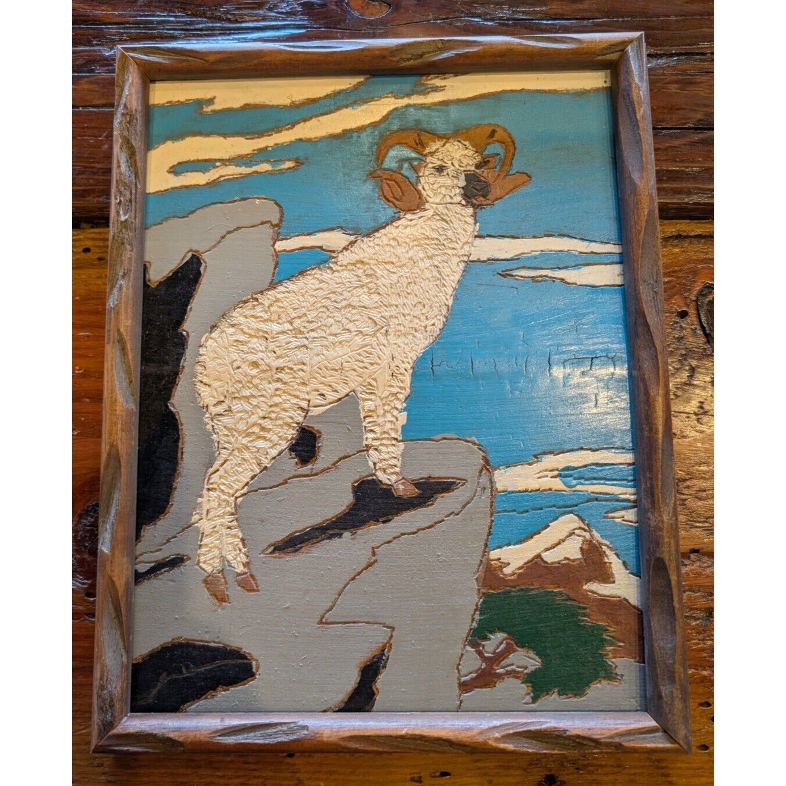 Framed MOUNTAON GOAT Wood Burning Painting Hand Carved