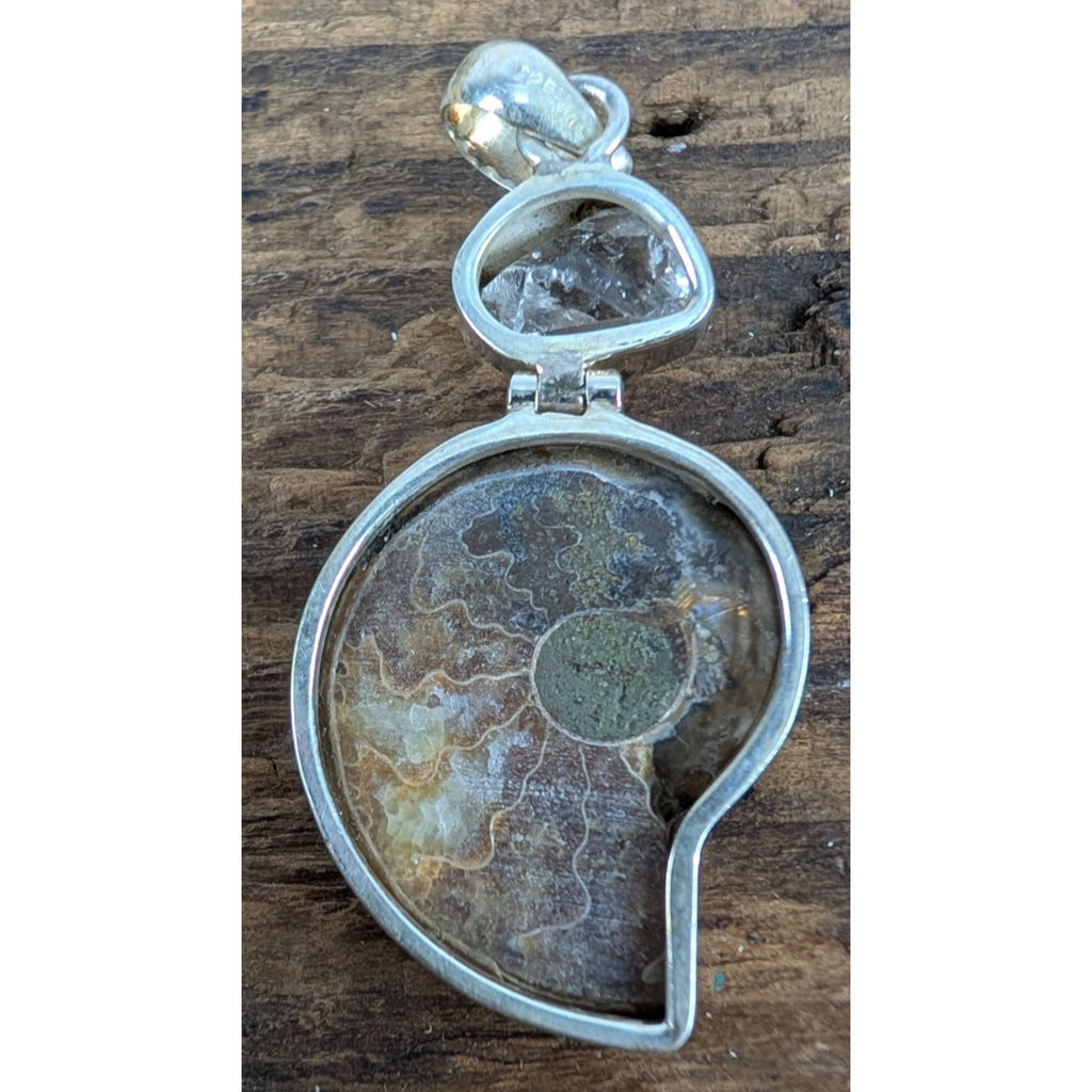 Vintage Ammonite & Raw Quartz Sterling Silver 925 Pendant
