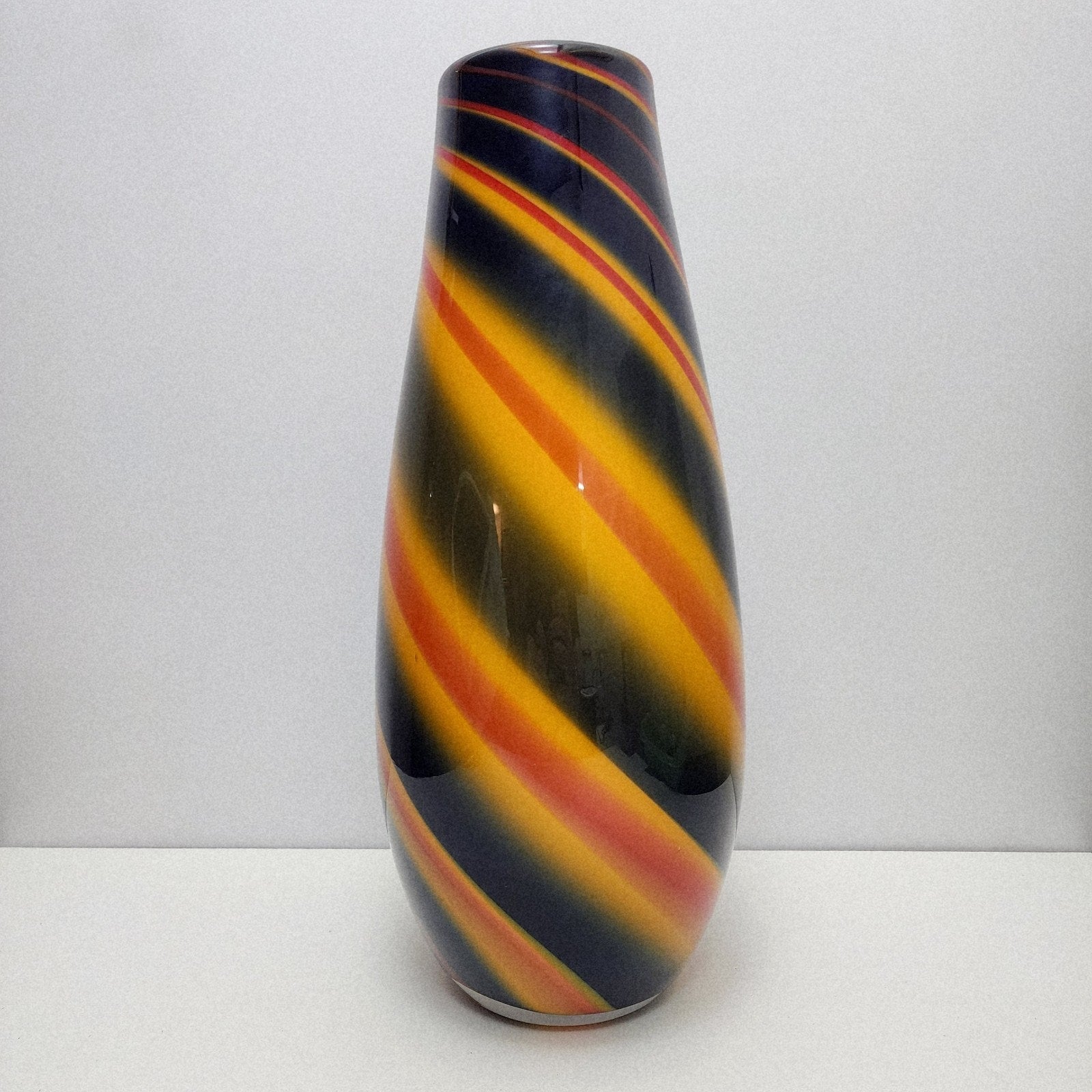 15" Orange and Blue Swirl Spiral Glass Flower Vase Hand Blown Vintage