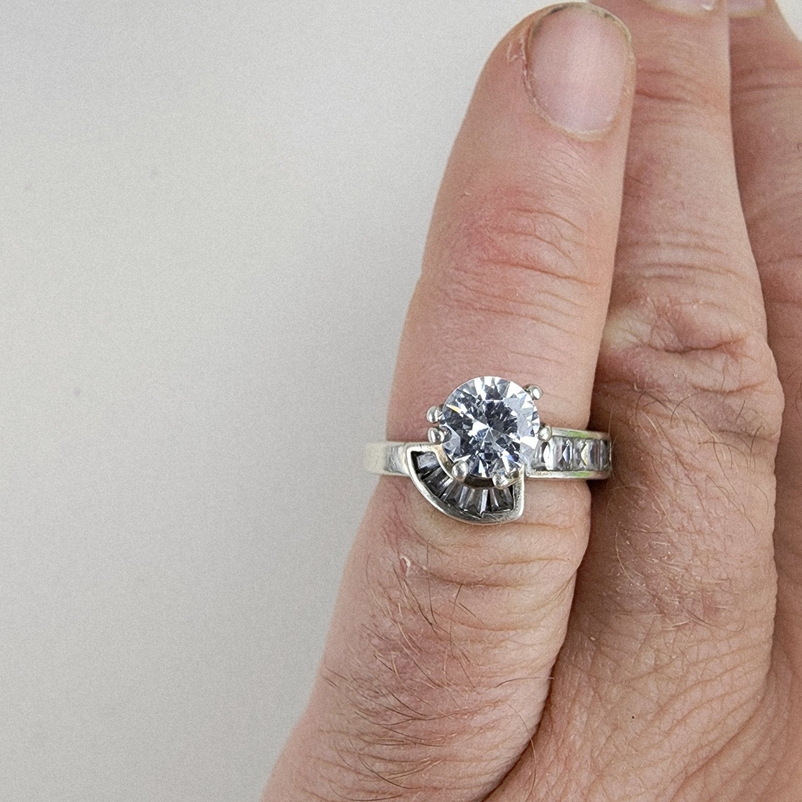 Modernist Quartz Round & Baguette Ring Size 7 Sterling Silver 925 Vintage