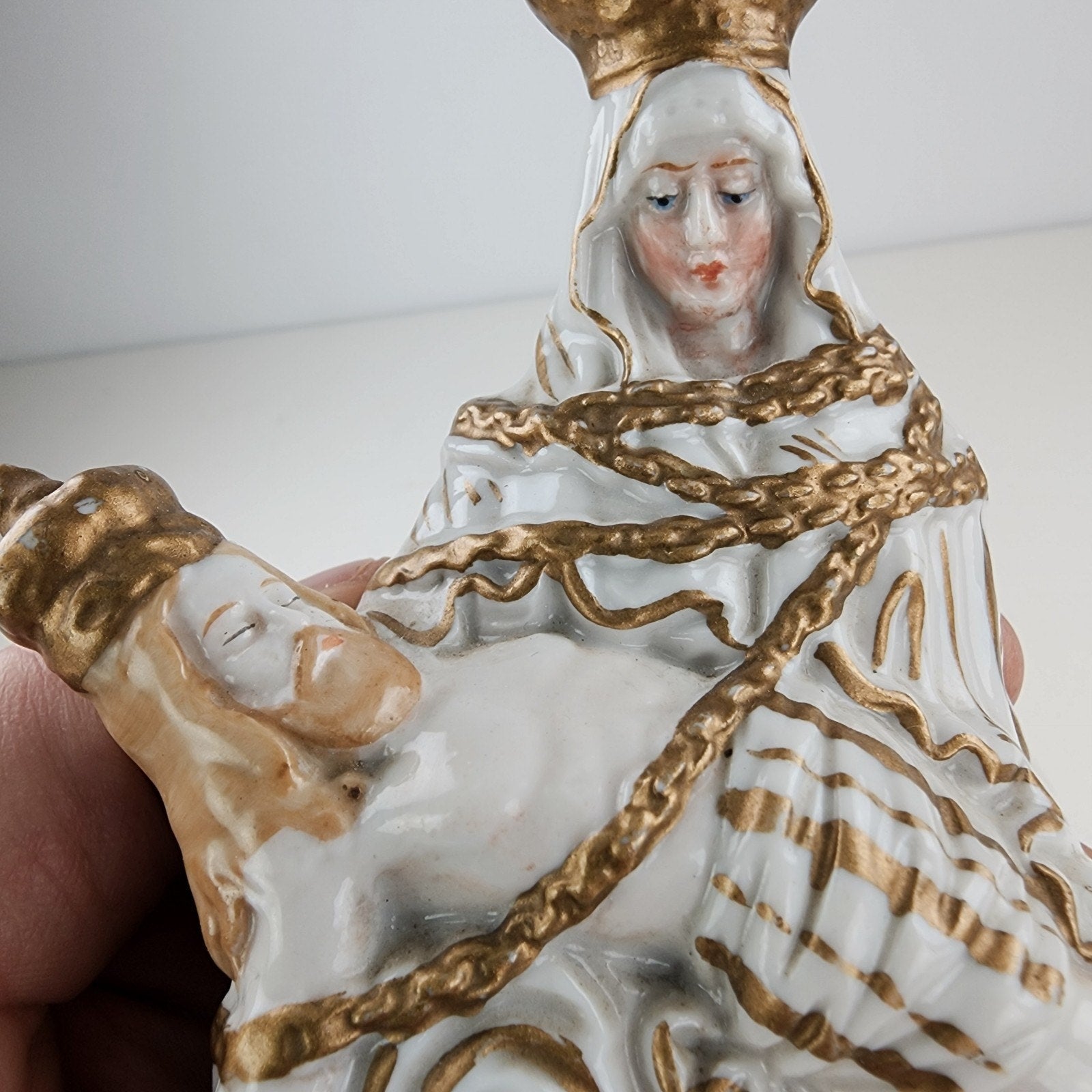 Porcelain Pieta Madonna & Child German Gold Gilt Model 7189 Virgin Mary Figurine