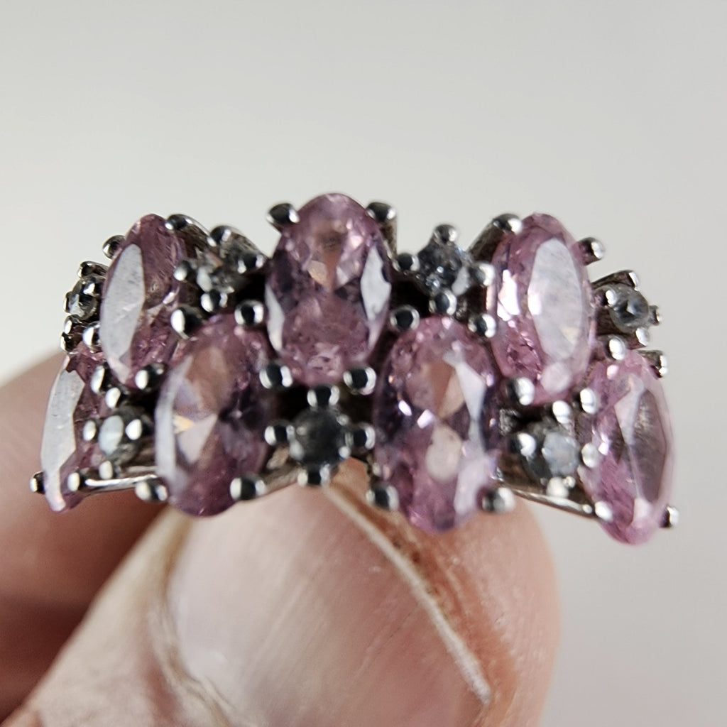 Pink & Clear Pave Cocktail Ring Size 7 in Sterling Silver 925 Vintage
