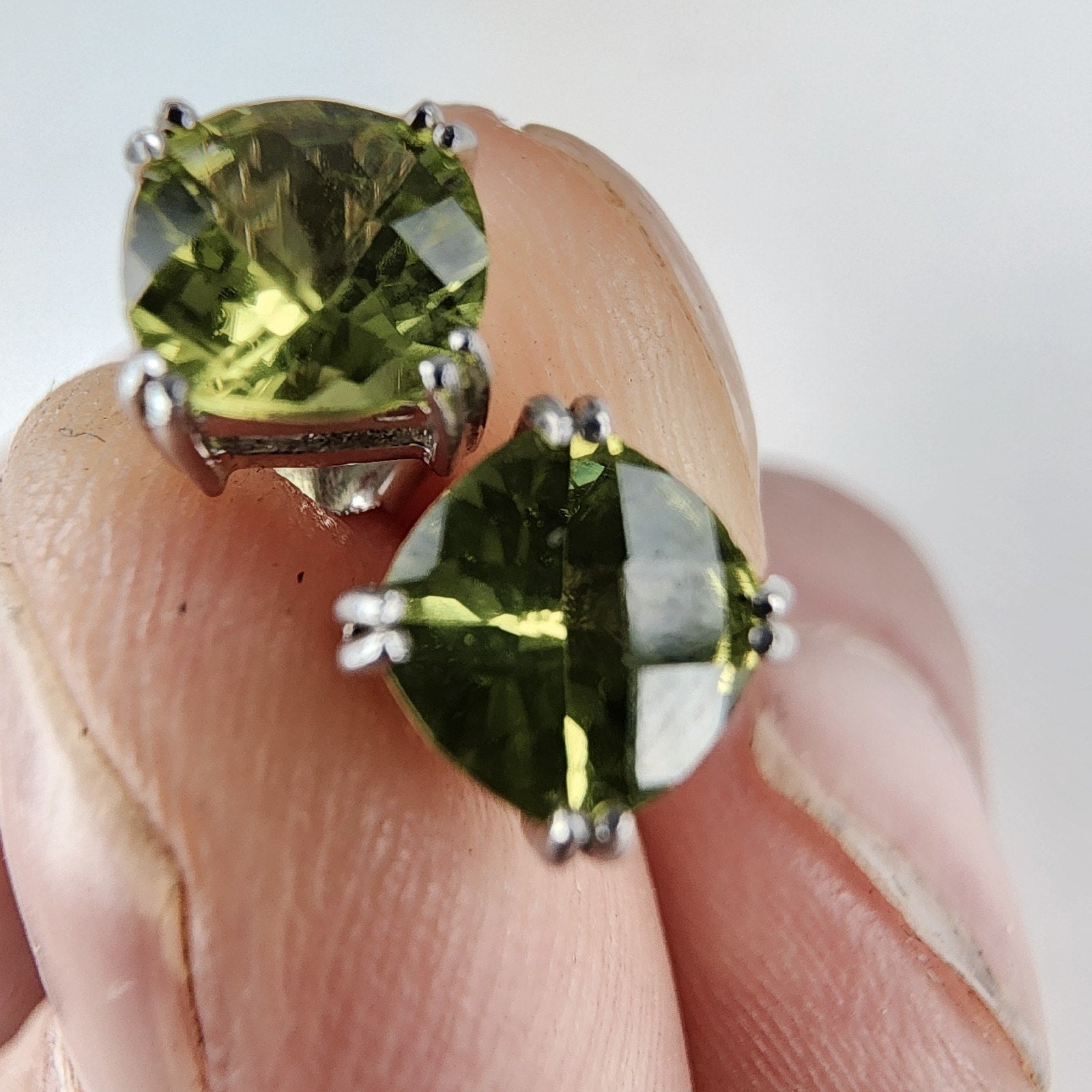 Cushion Cut Peridot Stud Earrings Pair Sterling Silver 925 Vintage