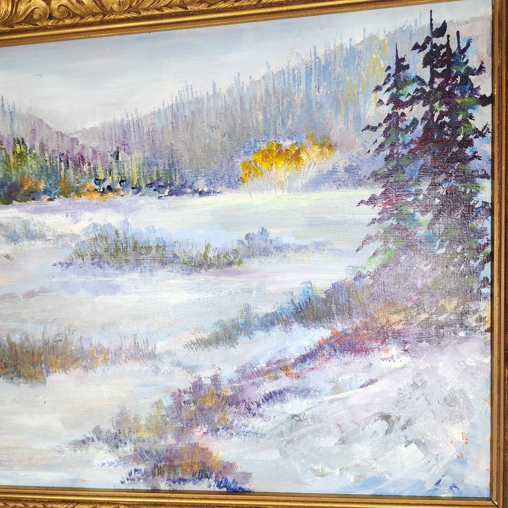 Impressionist Winter Landscape Scene Acrylic on Panel in Gilded Frame Unsigned