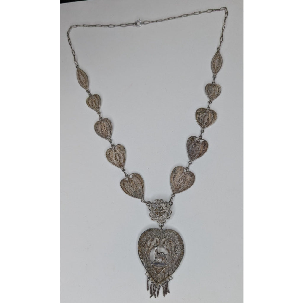 Vintage Filigree Sterling Silver 925 Heart Necklace w/ Camel 18 1/2" Tribal Peru