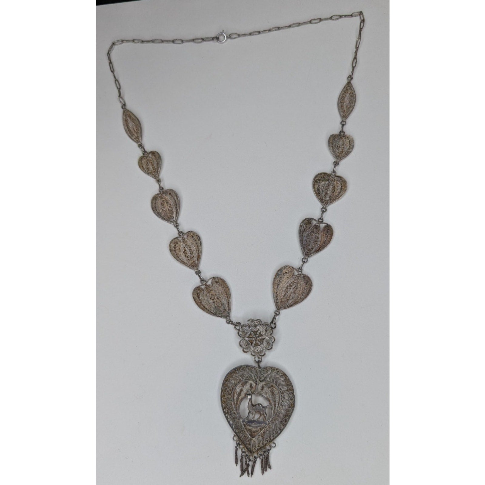 Vintage Filigree Sterling Silver 925 Heart Necklace w/ Camel 18 1/2" Tribal Peru