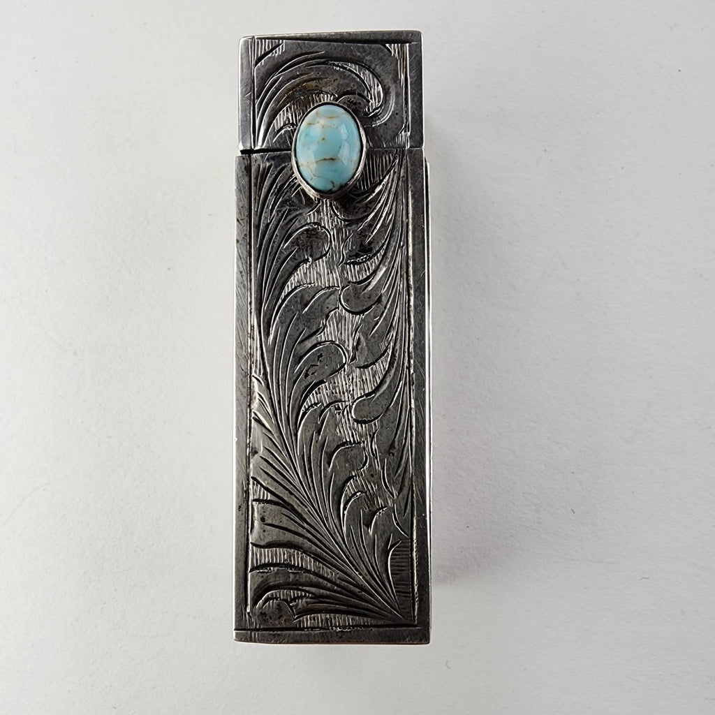 Etched Turquoise Accentt 800 Silver Lipstick Container with Mirror Italy Antique
