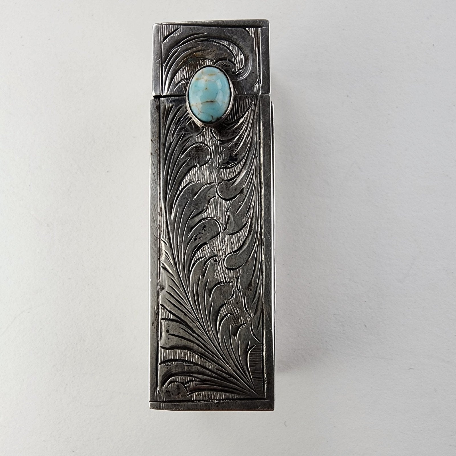 Etched Turquoise Accentt 800 Silver Lipstick Container with Mirror Italy Antique