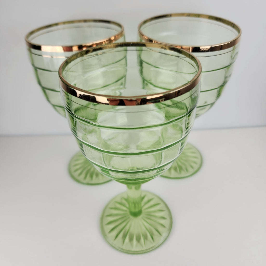 Anchor Hocking Block Optic Pattern 6" Gold Rimmed UV Uranium Wine Glass Set of 3