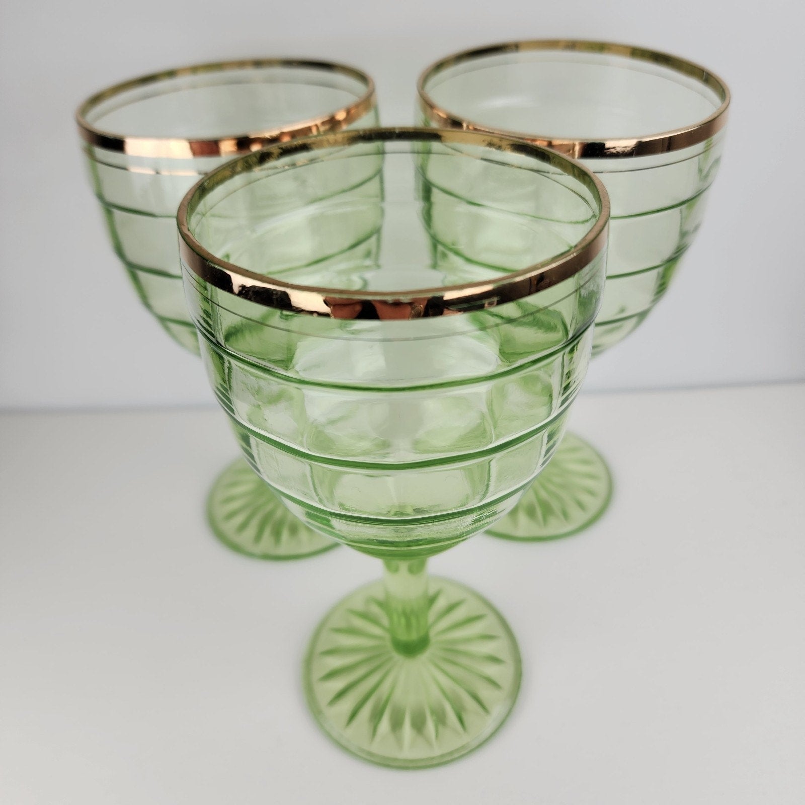 Anchor Hocking Block Optic Pattern 6" Gold Rimmed UV Uranium Wine Glass Set of 3