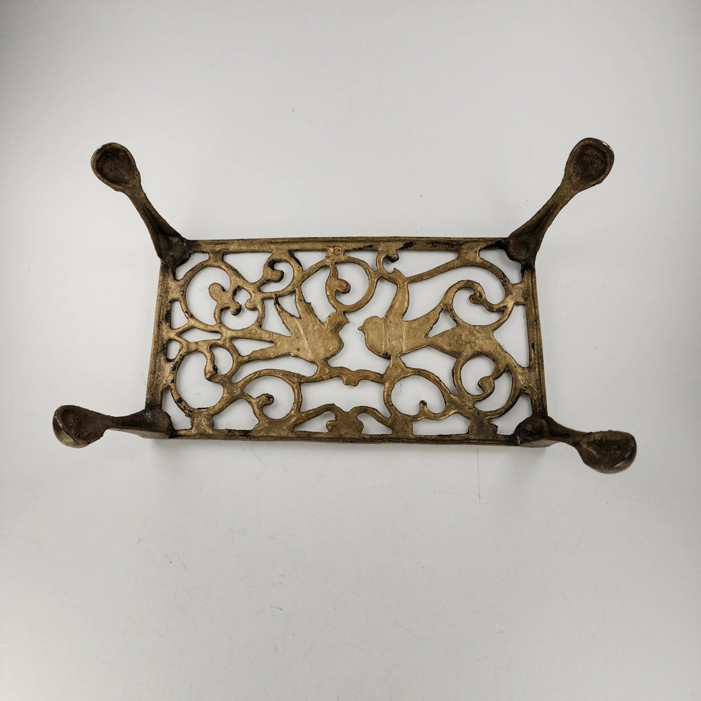 Antique Footed Brass Trivet Kettle Rest with Bird Decoration