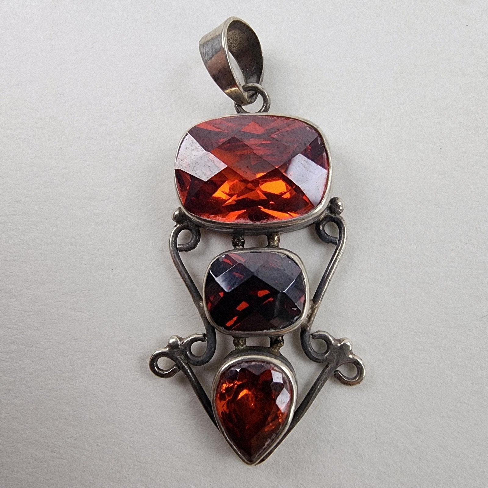 Red 3 Stone Sterling Silver 925 Cocktail Pendant Vintage