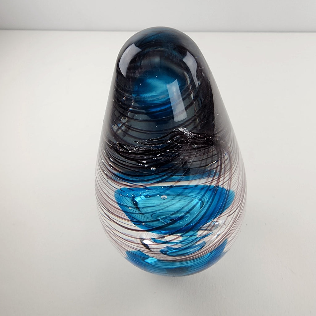 6" Hand Blown Glass Paperweight Air Trap Blue & Clear