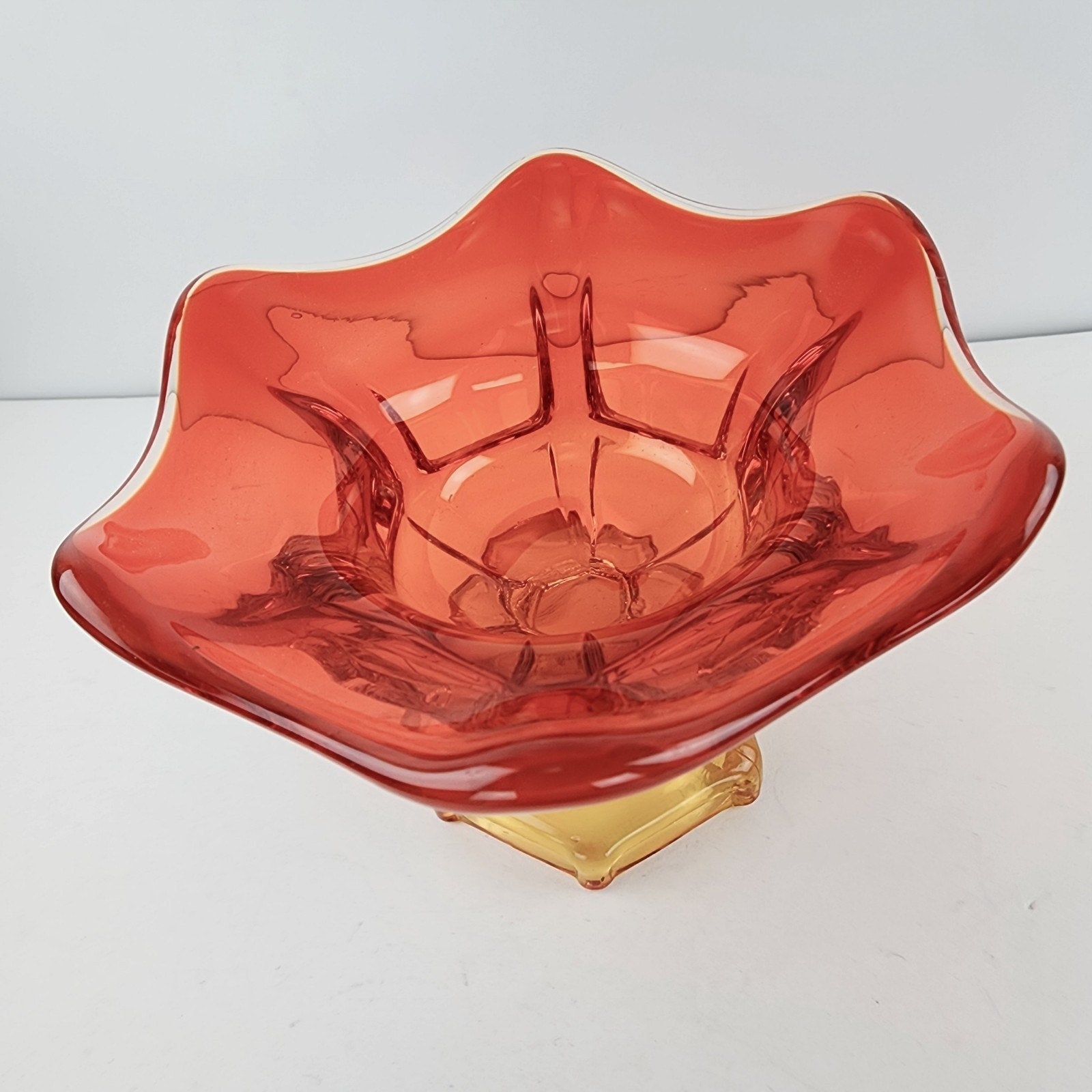 Viking Glass Epic Six Petal Amberina Flame Pedestal Bowl UV Vaseline Glass