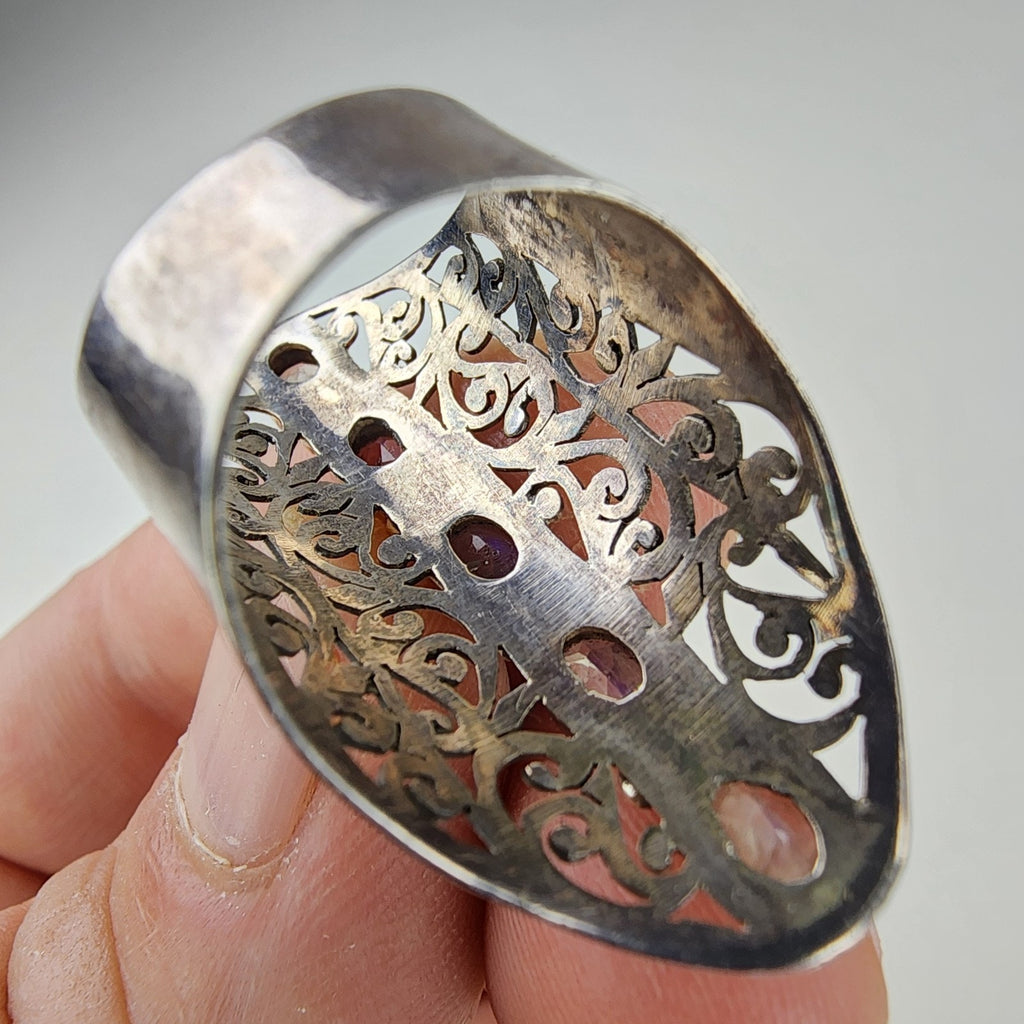 Rainbow Moonstone Filigree Shield Ring Size 7 1/2 Sterling Silver 925 Vintage