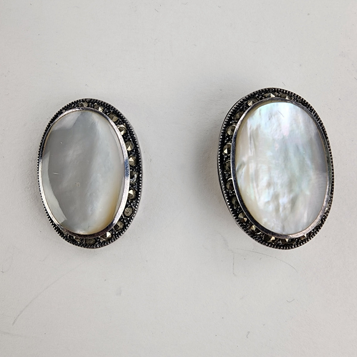 Vintage Mother of Pearl & Marcasite Pendant & Earring Set in Sterling Silver 925