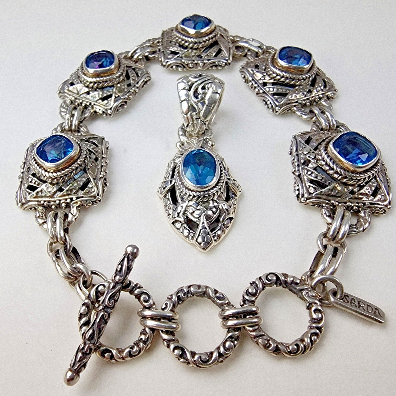 Designer Topaz Pendant and Bracelet Set by Sarda Sterling Silver 925 Vintage