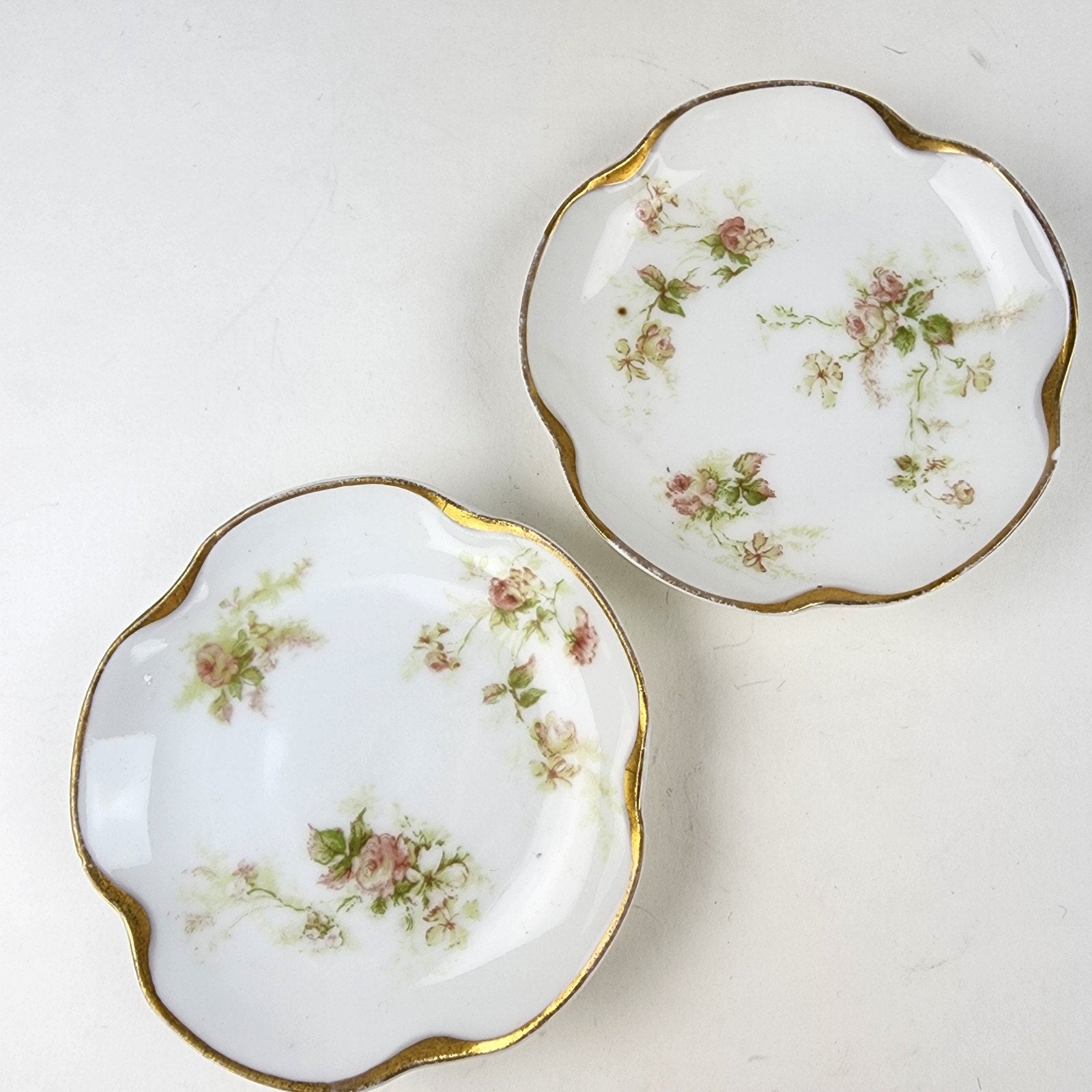 3" Porcelain Pair of Butter Pat Dishes Limoges France Hand Painted Vintage