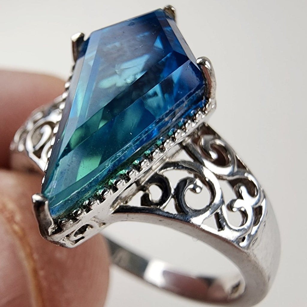 Blue Tourmaline Indicolite Ring Size 9 in Sterling Silver 925 Art Deco Revival