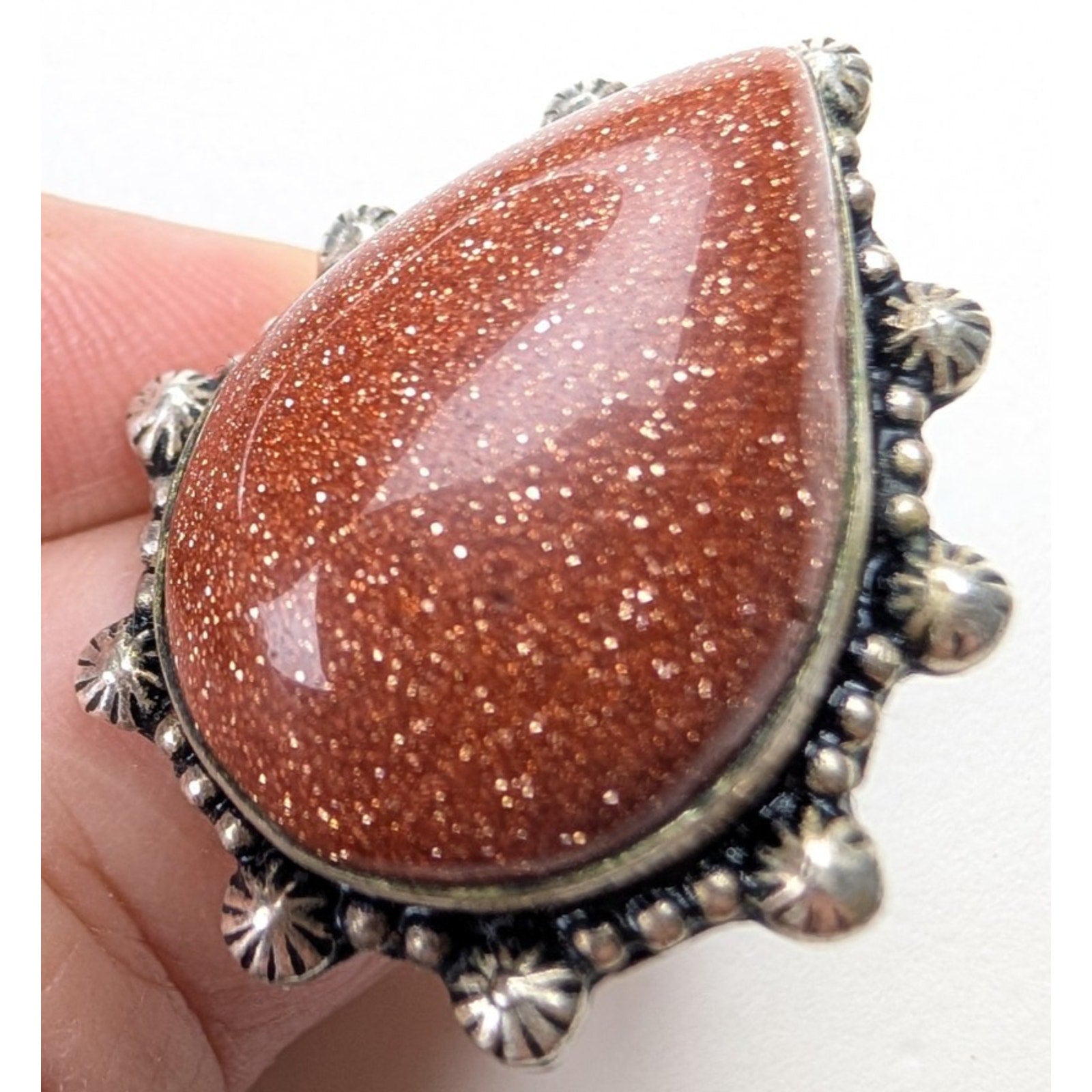 Southwestern Orange Sunstone Sterling Silver 925 Beaded Ring Size 9