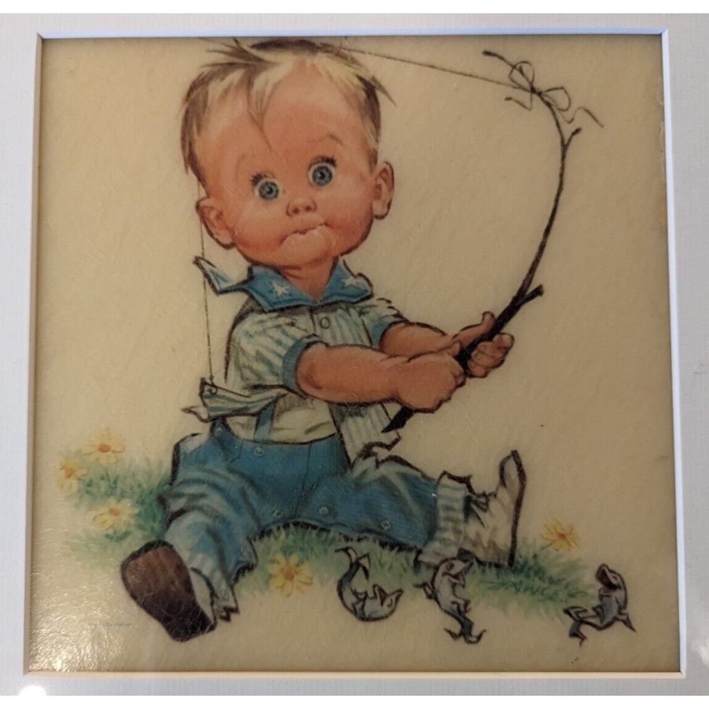 Framed Pete Hawley Sweet Boy Fishing Plaque Art MCM