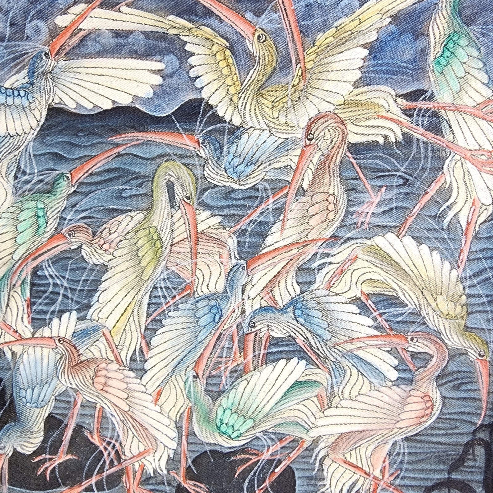 Heron Painting on Fabric by I Wayan Balik Framed Ubud Bali Indonesia