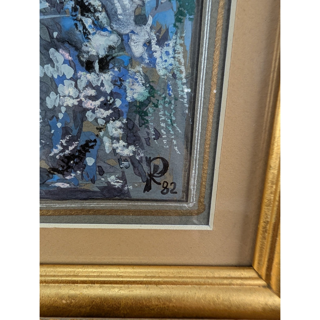 Impressionist Abstract Acrylic on Paper Flower Signed in Gilded Frame 1982