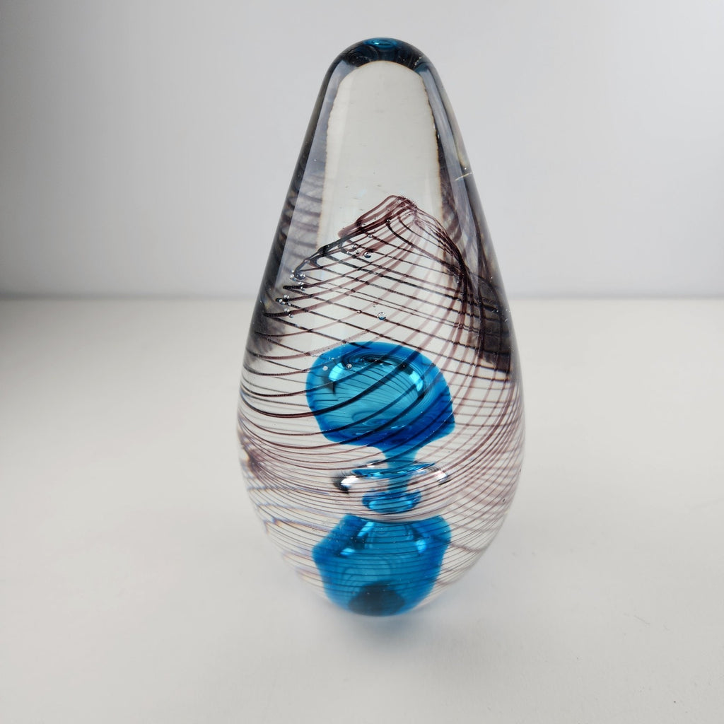 6" Hand Blown Glass Paperweight Air Trap Blue & Clear