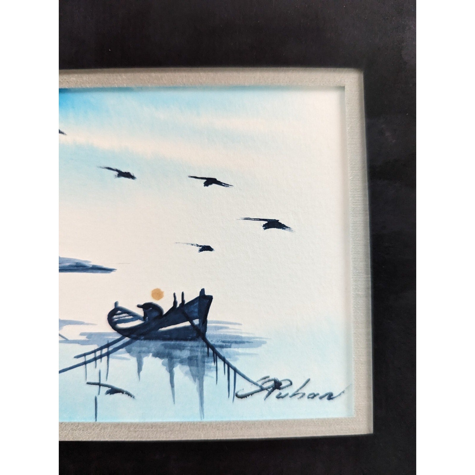 Tonalist Watercolor Cityscape with Boats Signed Ruhan MCM 10" x 24"
