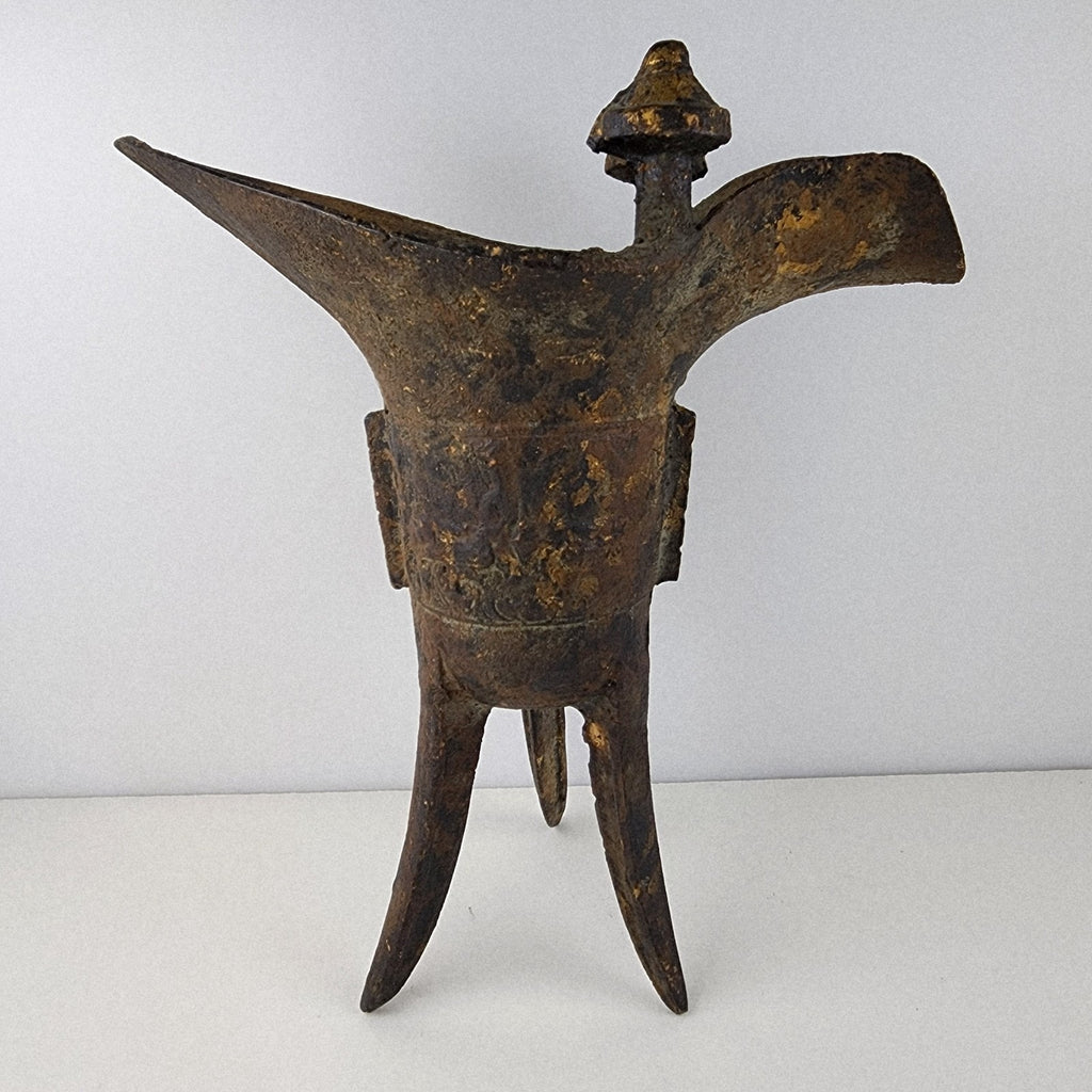 Chinese Bronze Jue Gilt Splashed Archaistic Tripod Wine Vessel Replica