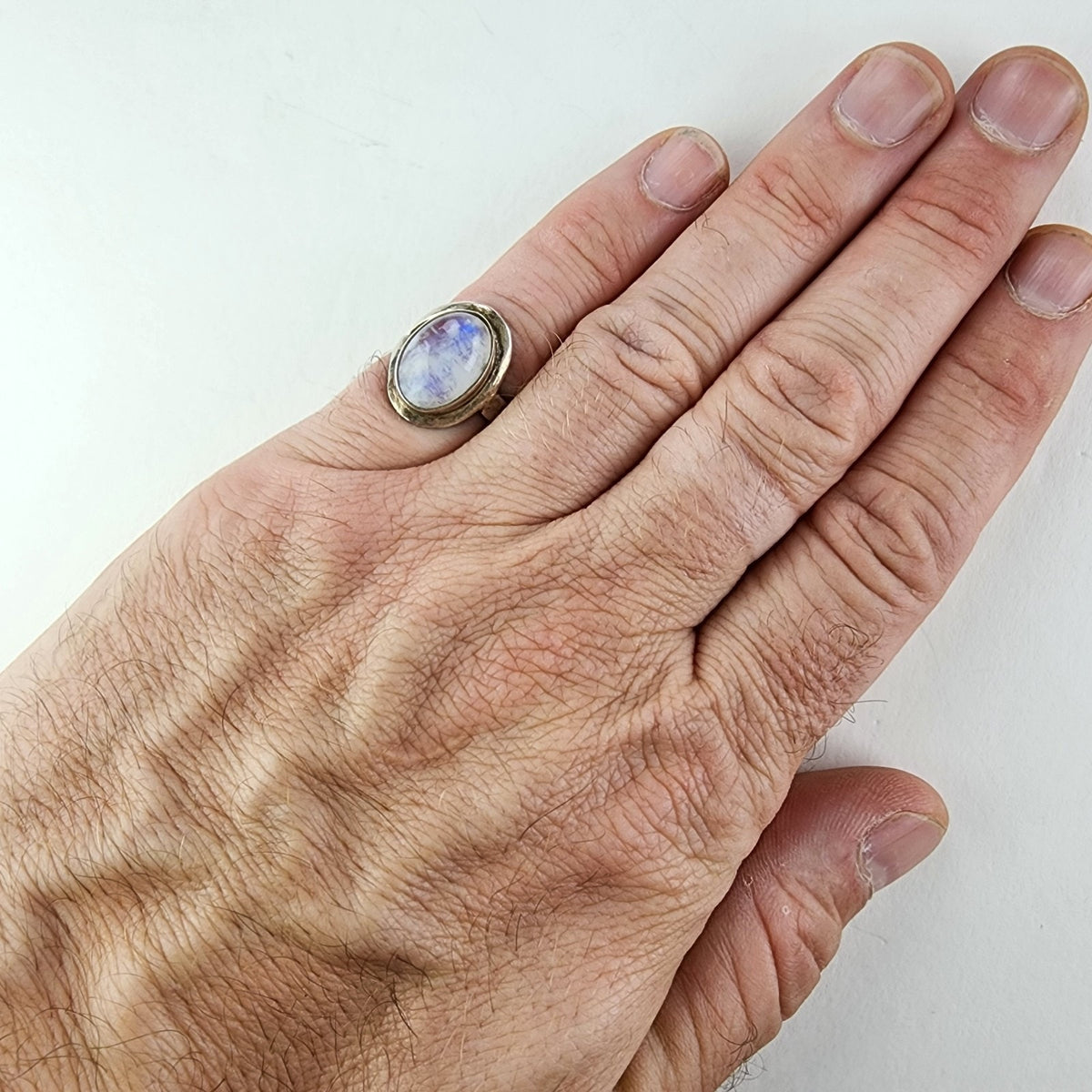 Modernist Rainbow Moonstone Cabochon Ring Size 8 Sterling Silver 925 Vintage