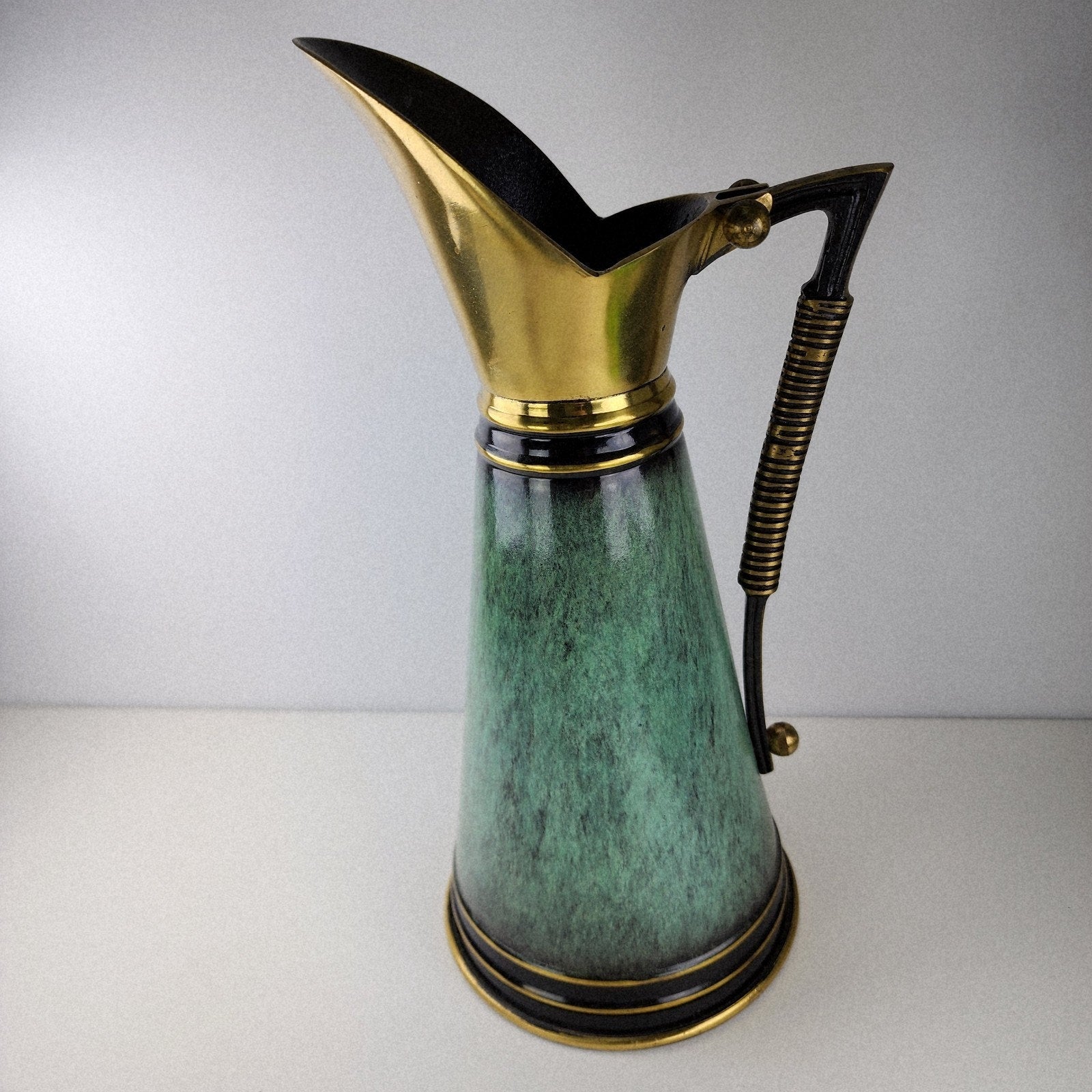 Dayagi Israel 12" Brass and Textured Green Enamel Pitcher Vintage