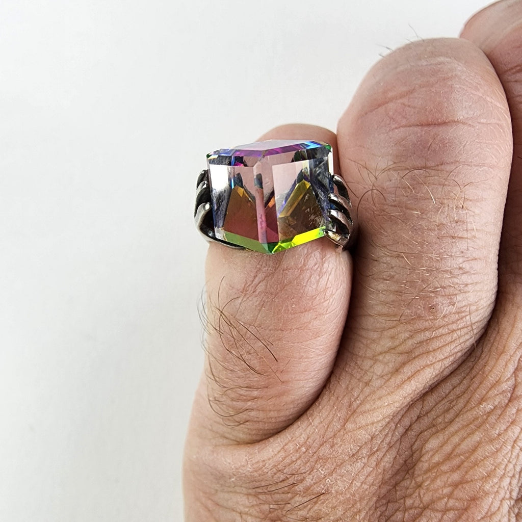 Hands w Iridescent Dichroic Cube Ring Size 7 1/2 Sterling Silver 925 Modernist