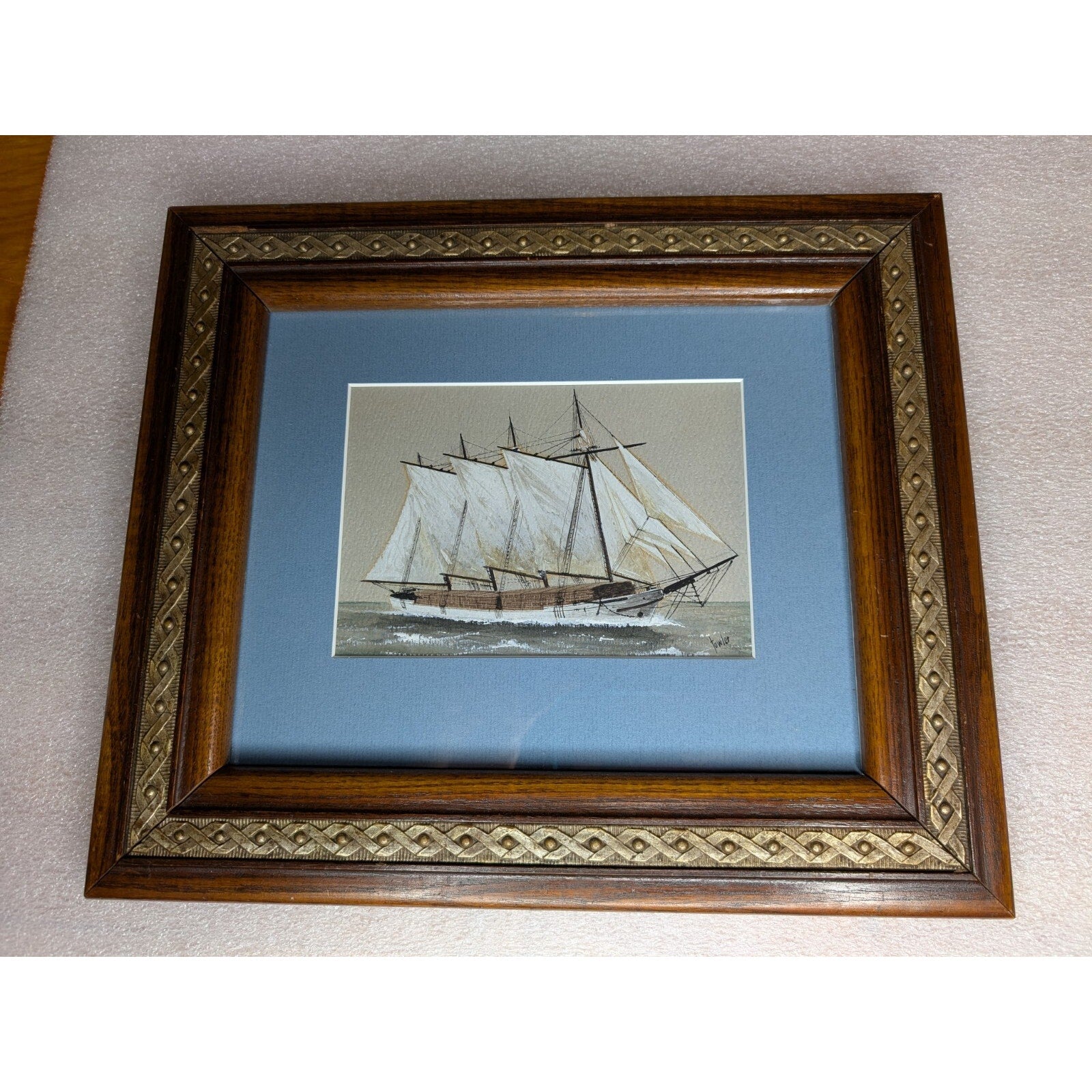 ERNEST TOWLER Sailing Ship Gouache Watercolor Painting - Beautifully Framed