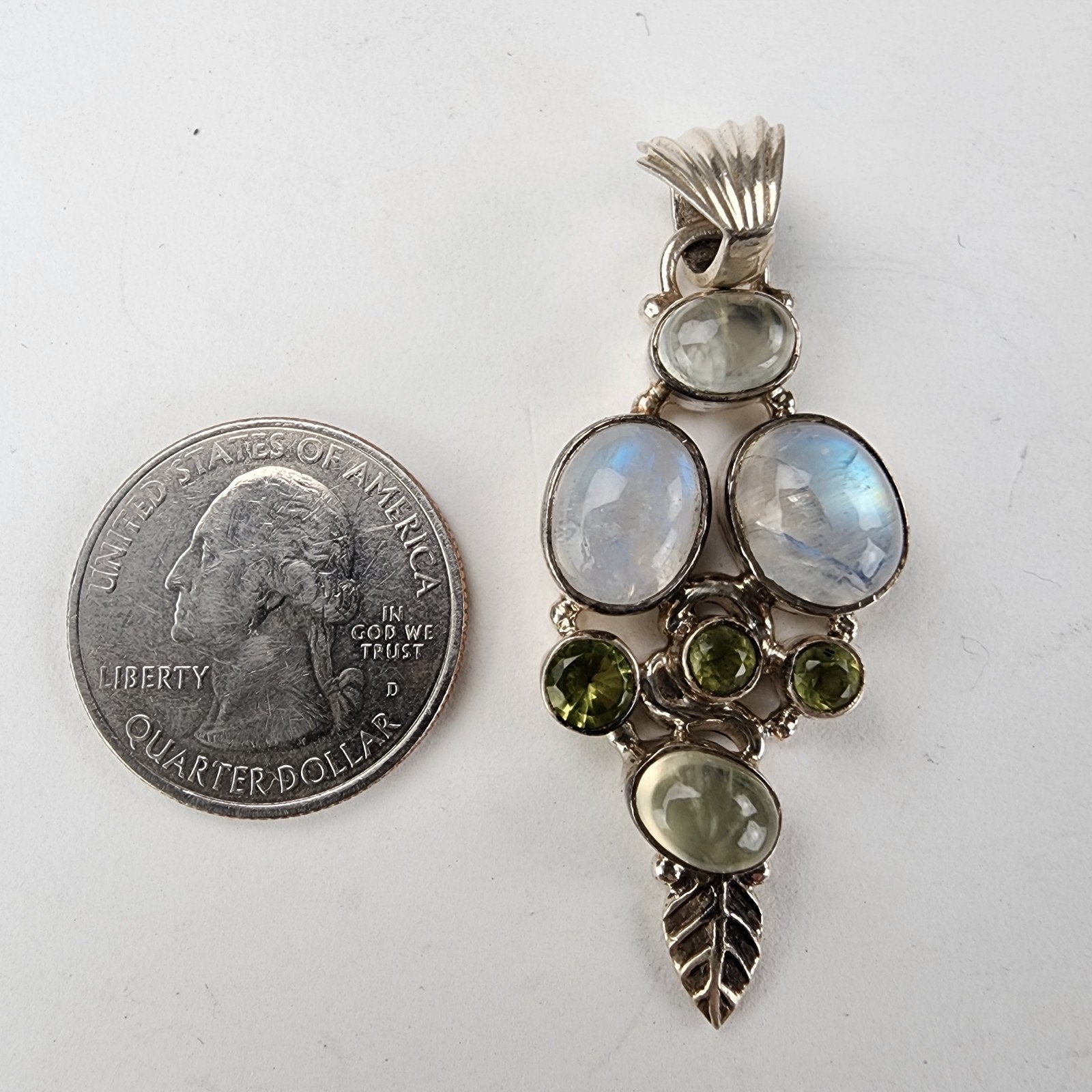 Rainbow Moonstone & Peridot Sterling Silver 925 Pendant Vintage
