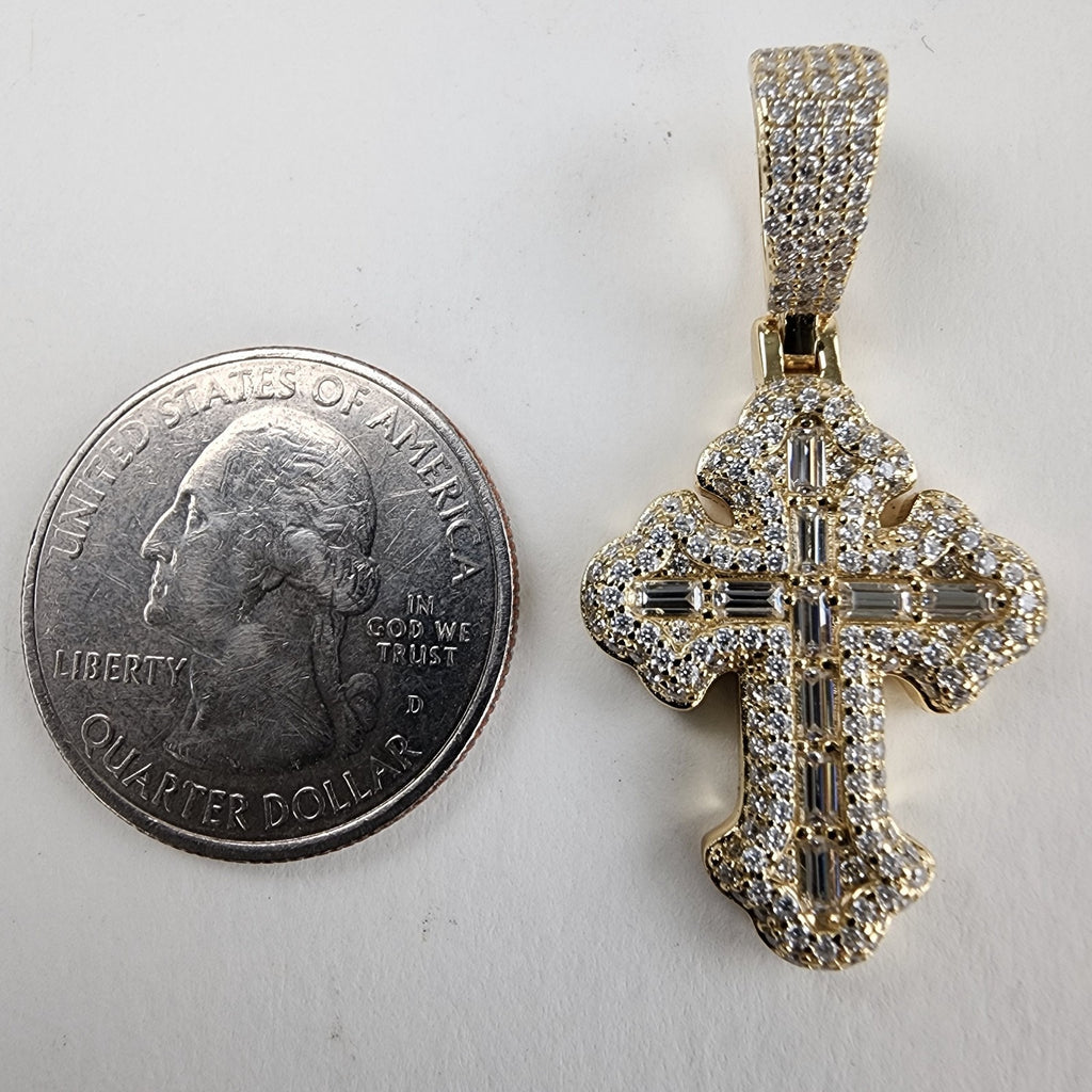 Baguette Moissanite 18K Yellow Gold & Sterling Silver 925 Cross Pendant Iced Out